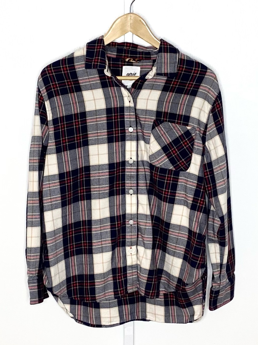 Aerie | Blue/Red/Cream/Tan Plaid Cotton/Viscose Button-Down Shirt Sz Small